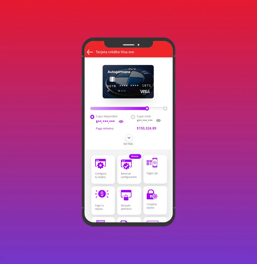 Celular mostrando la App Personas Finandina y en ella se puede ver la Tarjeta de Crédito VISA Autogermana BMW Digital