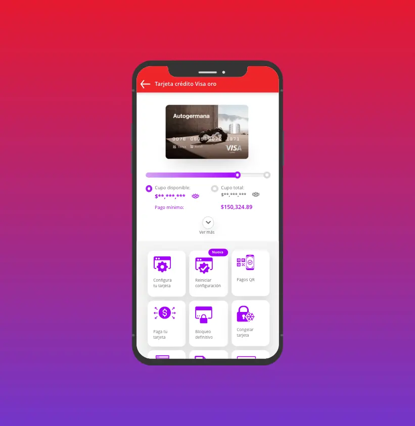 Celular mostrando la App Personas Finandina y en ella se puede ver la Tarjeta de Crédito VISA Autogermana Motorrad Digital