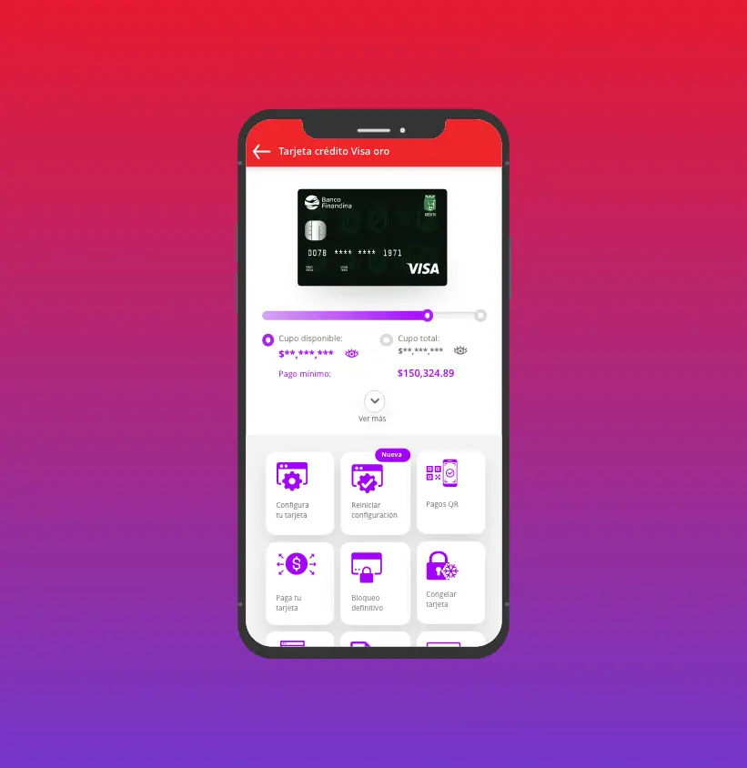 Celular mostrando la App Personas Finandina y en ella se puede ver la Tarjeta de Crédito VISA Atletico Nacional Digital