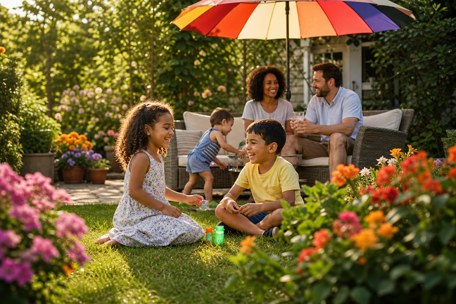 Family Sheltered Under Umbrella in Front of Their Home
