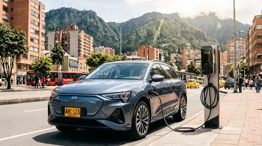 Carro eléctrico conectado a una estación de carga pública en una calle de Bogotá, con los cerros orientales al fondo