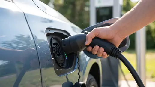 Mano conectando un cargador tipo 2 al puerto de carga de un vehículo eléctrico