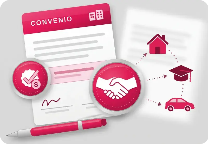 Convenio de libranza Banco Finandina: contrato, apretón de manos, crédito aprobado y metas de vivienda, estudio y vehículo