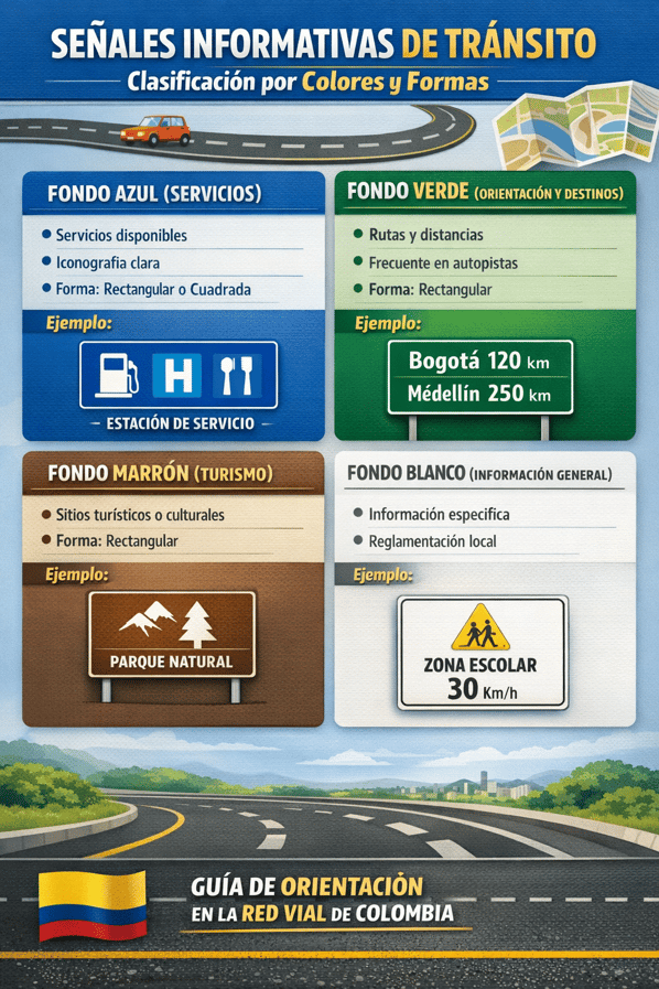 Infografía sobre las señales informativas de tránsito en Colombia clasificadas por su forma y fondo azul, verde, marrón o blanco.