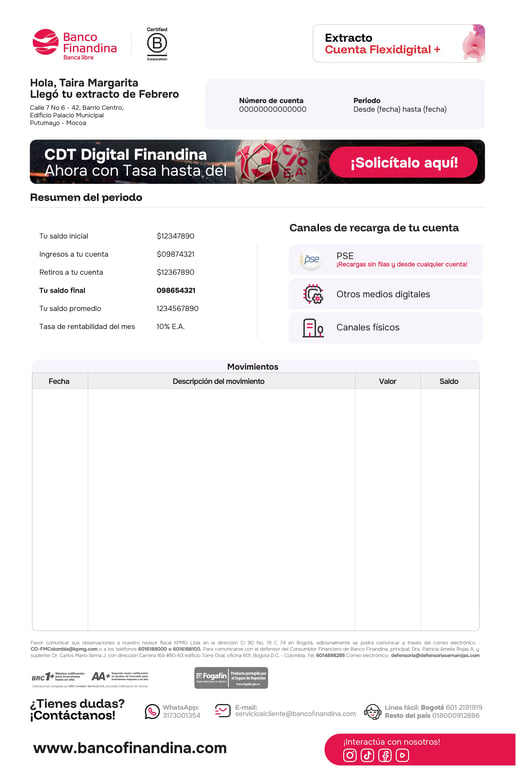 Ejemplo de extracto bancario de una cuenta de ahorros Flexidigital con resumen de saldos y movimientos.