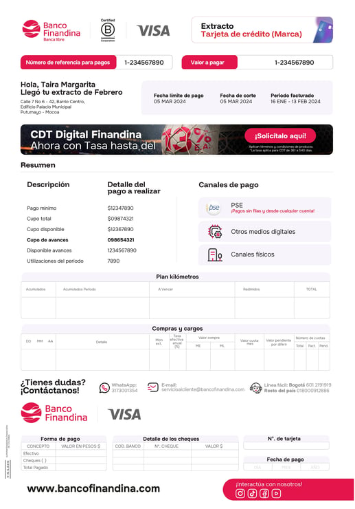 Ejemplo visual de un extracto de tarjeta de crédito mostrando el cupo disponible y pago mínimo.