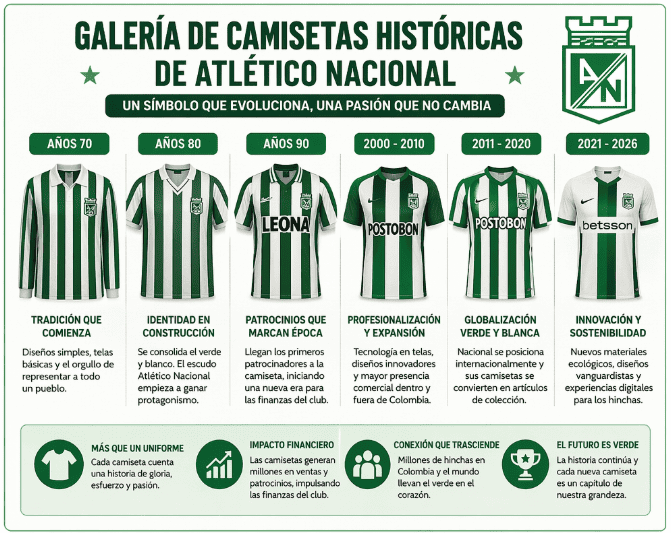 Infografía oficial de la galería de camisetas históricas de Atlético Nacional desde los años 70 hasta el 2026, detallando las eras de patrocinio de Leona, Postobón y Betsson, junto a datos sobre su impacto financiero y comercial.