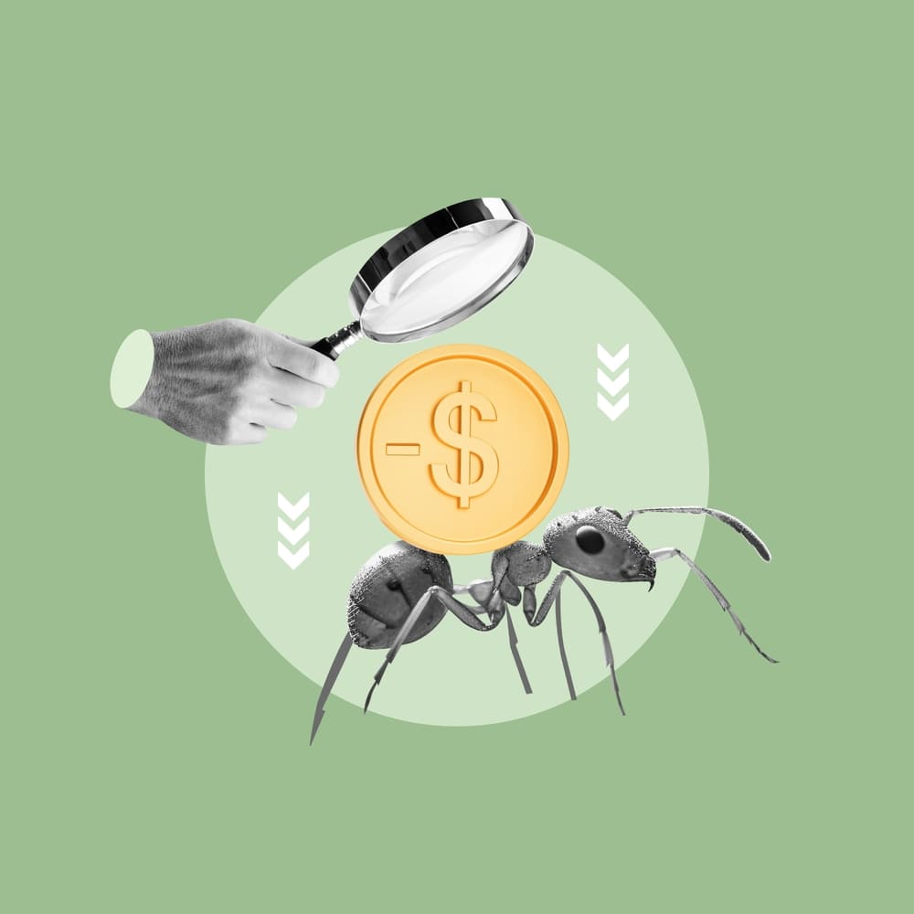 Concepto visual de gastos hormiga y fugas de dinero en el presupuesto personal.
