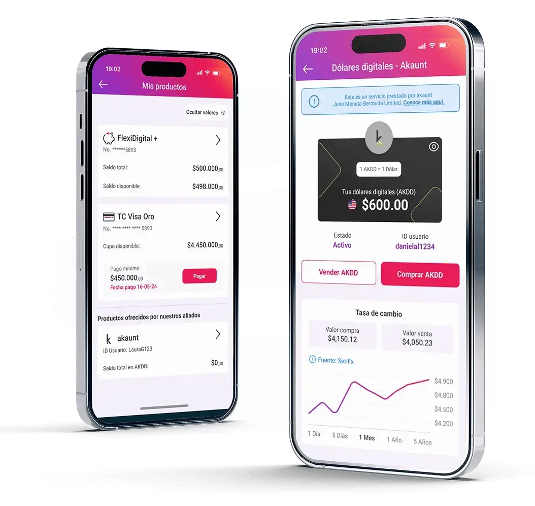 Dos celulares con la App Finandina: el listado de tus productos y la pantalla de dólares digitales de akaunt