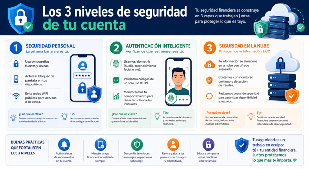 Infografía de los 3 niveles de seguridad de una cuenta: seguridad personal, autenticación inteligente con biometría y almacenamiento seguro en la nube.