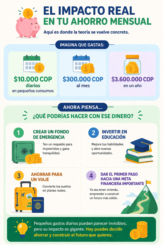 Infografía sobre el impacto de los gastos hormiga que muestra cómo 10.000 COP diarios se convierten en 3.600.000 COP al año, afectando metas como un fondo de emergencia o un viaje.