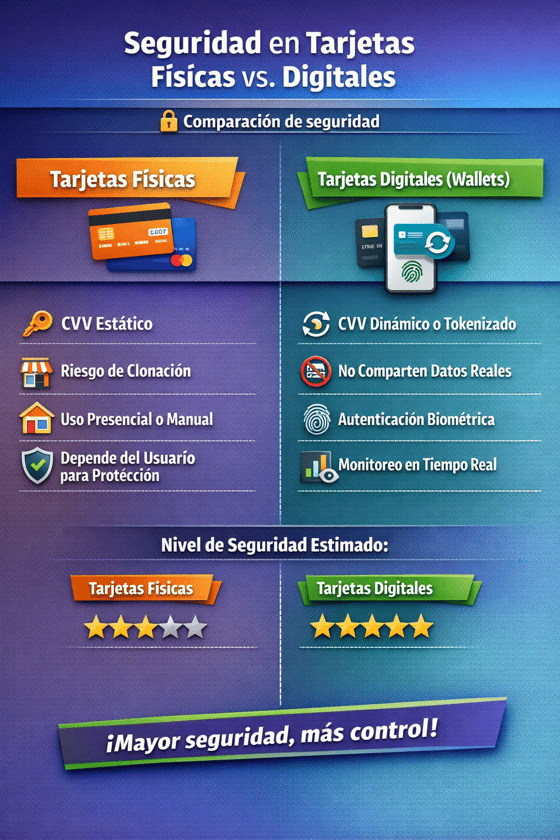Infografía comparativa de seguridad financiera que detalla las diferencias entre el CVV estático de las tarjetas físicas y el CVV dinámico o tokenizado de las tarjetas digitales.