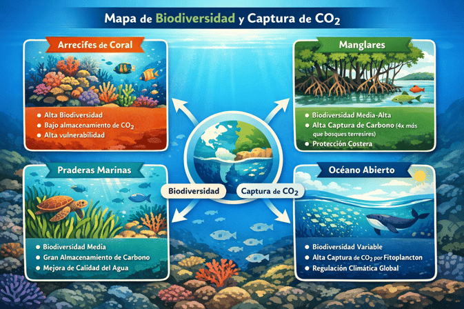 Infografía interactiva que muestra el mapa de biodiversidad y captura de CO2 en arrecifes de coral, manglares, praderas marinas y océano abierto.