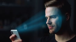 Smartphone con sistema de reconocimiento facial activo para ingresar a una aplicación de finanzas protegida con seguridad en la nube.