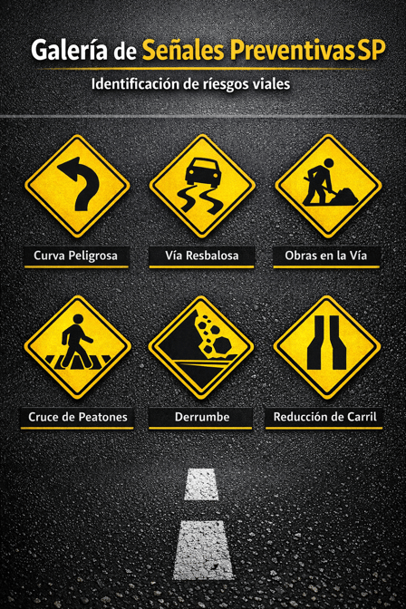Esta es la imagen vertical que simula una carretera y resalta 6 de las señales más comunes (Curva peligrosa, Vía resbalosa, Obras en la vía, Cruce de peatones, Derrumbe y Reducción de carril).