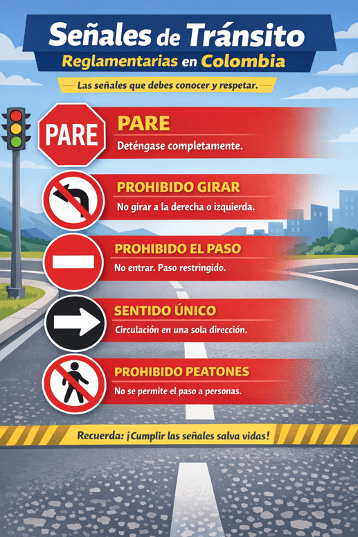 Infografía sobre señales de tránsito reglamentarias en Colombia que explica el significado de las señales de PARE, prohibido girar, prohibido el paso, sentido único y prohibido peatones.