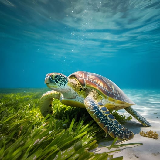 Vibrante tortuga marina verde alimentándose y buscando comida en una exuberante pradera marina, destacando el valor biológico y el equilibrio del medio ambiente marino.