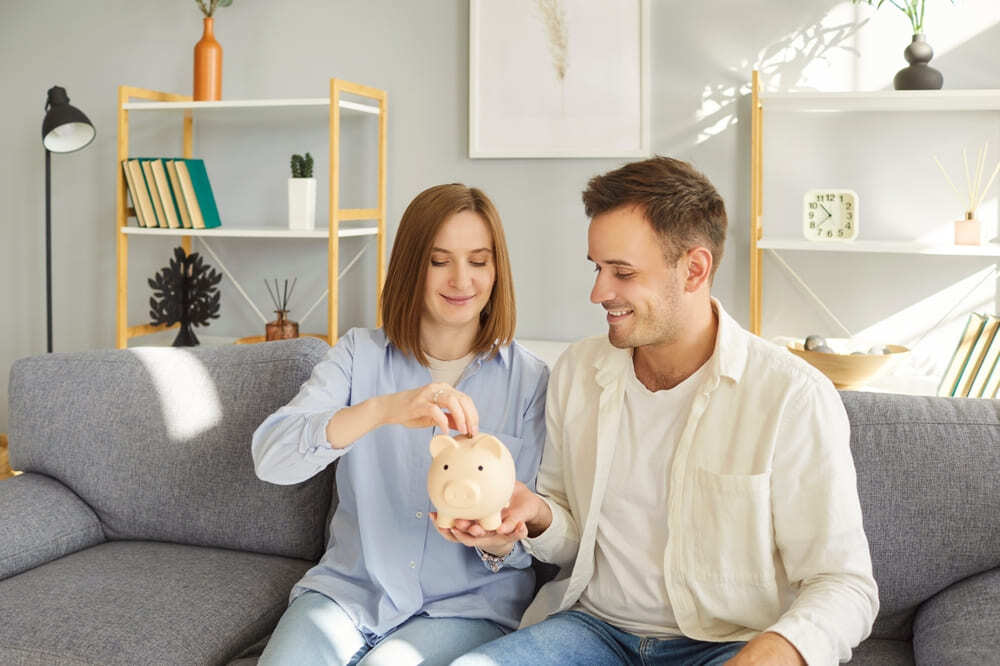 Pareja joven organizando sus finanzas en pareja y definiendo el presupuesto familiar en casa.